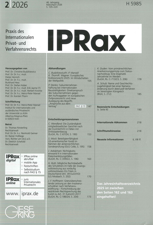 Praxis des internationalen Privat- und Verfahrensrechts : IPRax