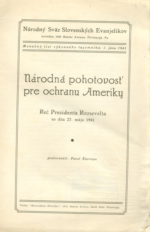 Národná pohotovosť pre ochranu Ameriky : reč prezidenta Roosevelta so dňa 27. mája 1941