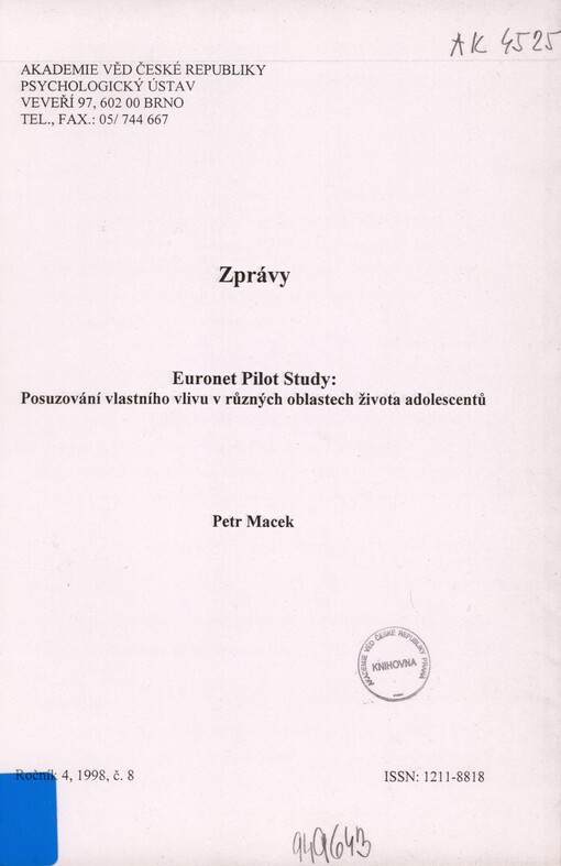 Euronet pilot study: Posuzování vlastního vlivu v různých oblastech života adolescentů
