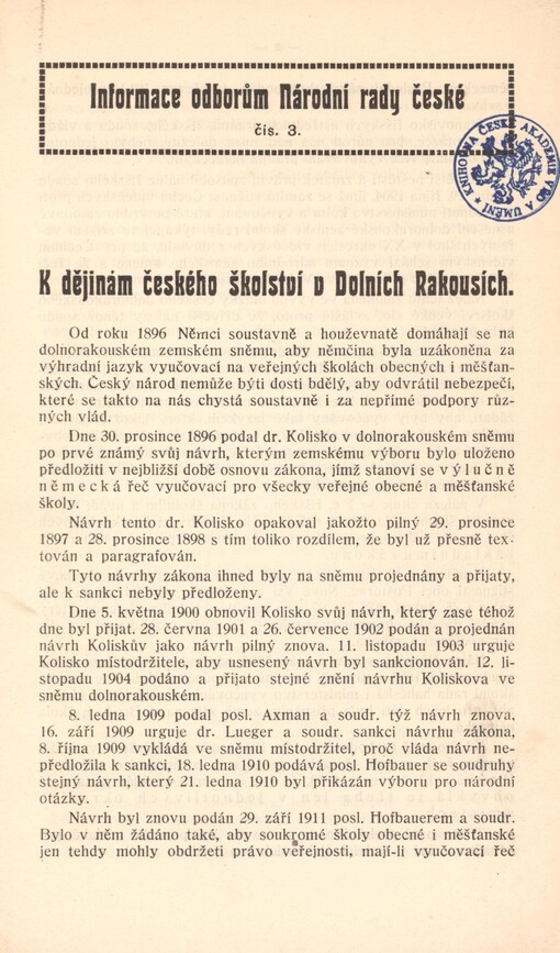 K dějinám českého školství v Dolních Rakousích