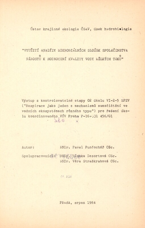 Využití analýzy mikrobiálních složek společenstva nárostů k hodnocení kvality vody mělkých toků: výstup z kontrolovatelné etapy 02 úkolu VI-2-5 SPVZ