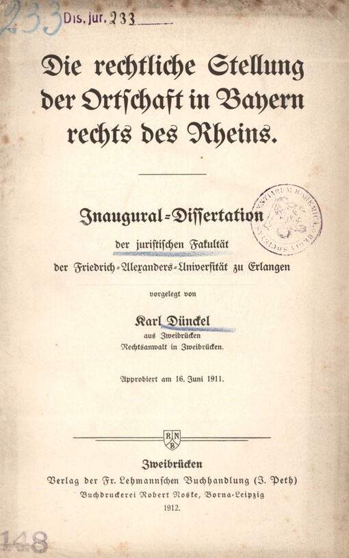 Die rechtliche Stellung der Ortschaft in Bayern rechts des Rheins: Inaugural-Dissertation