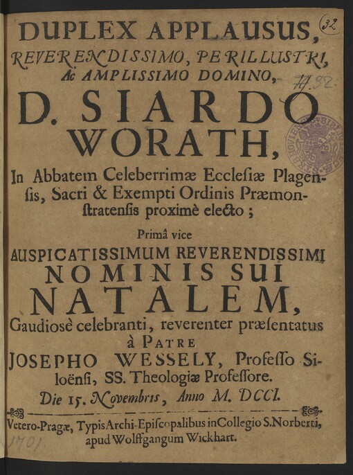 DUPLEX APPLAUSUS, ... D. SIARDO WORATH ... Ordinis Praemonstratensis proximè electo ...