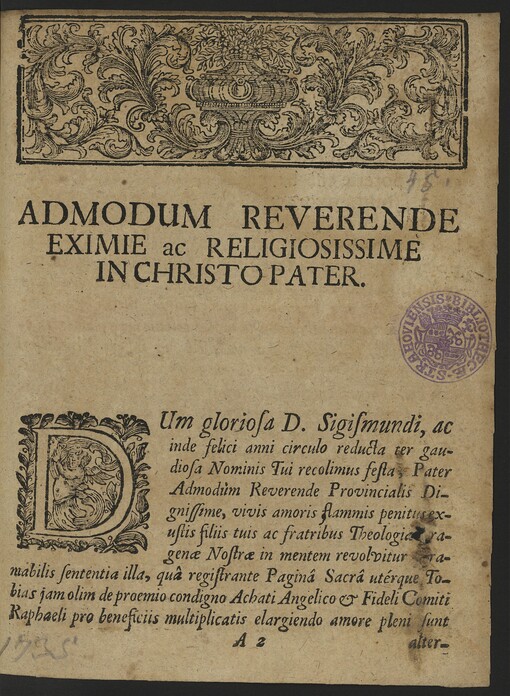 ADMODUM REVERENDE EXIMIE ac RELIGIOSISSIME IN CHRISTO PATER.