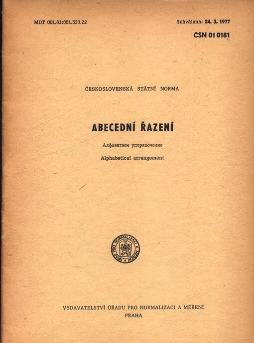 ČSN 01 0181 : československá státní norma. Abecední řazení