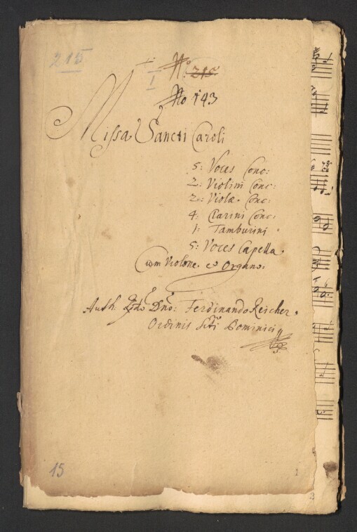 Missa Sancti Caroli: 5 Voces Conc[erto] : 2 Violini Conc[ertante], 2 Violae Conc[certance], 4 Clarini Conc[certance], 1 Tamburini, 5 Voces Capella, cum Violone et Organo