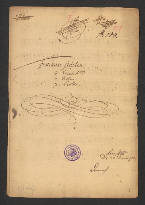 Festinate Fideles: 3 Voces, ATB, 2 Violini:, 2 Violae, Anno 1666, Die 24. [Septem]bris Scriptum
