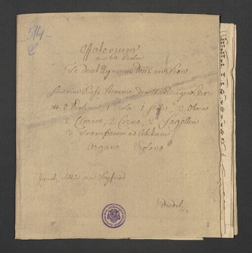 Offertorium in B: Basso Stimme, 4 Stimmigen Chor, 2 Violinen, Viola, Flauto, 2 Oboen, 2 Clarino, 2 Fagoten, 2 Corno, 3 Tromboen ad lib., Organo, Violono