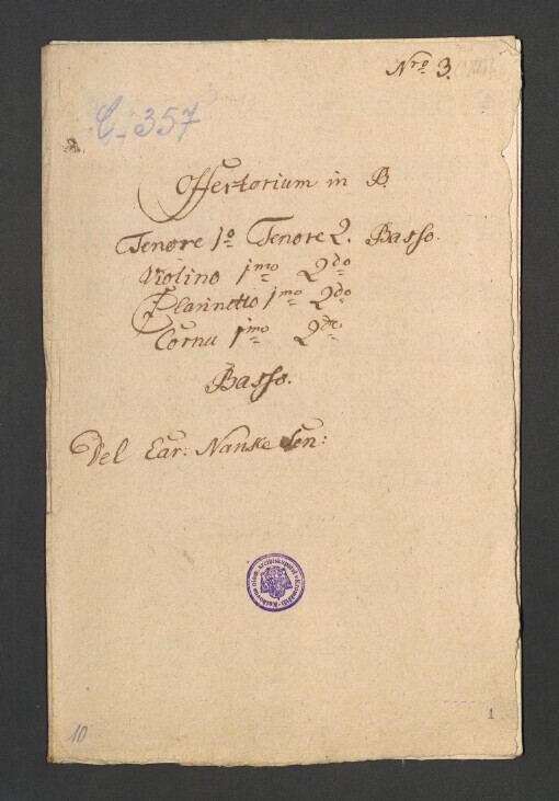 Offertorium in D: 2 Tenore, Basso, 2 Violino, 2 Clarineto, 2 Corno, Basso