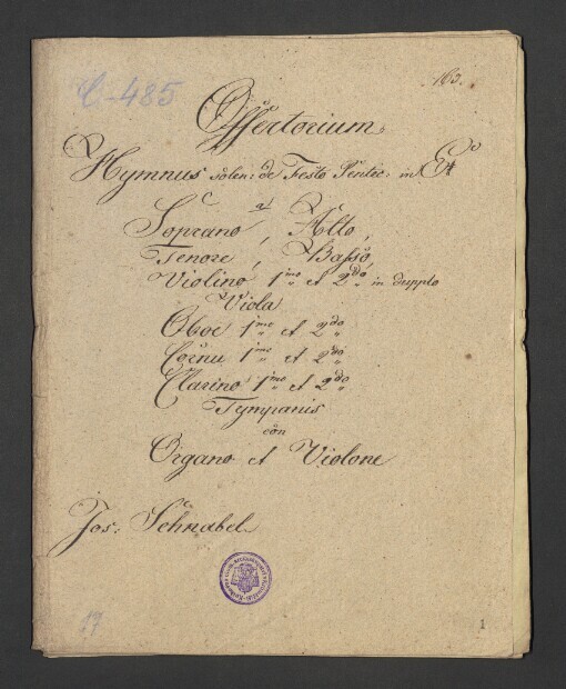 Offertorium. Hymnus solen: de Festo Pentec in E: Soprano, Alto, Tenore, Basso, 2 Violino, Viola, 2 Oboe, 2 Cornu, 2 Clarino, Tympanis con Organo et Violone