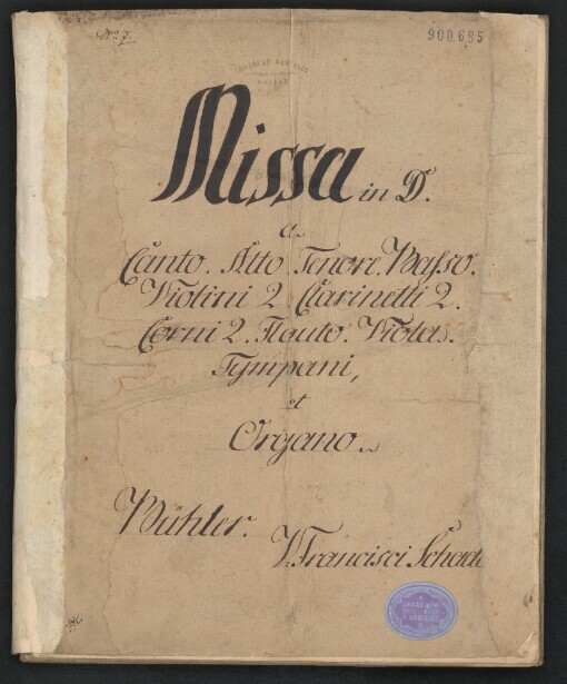 Missa in D: a Canto, Alto, Tenore, Basso, Violini 2, Clarinetti 2, Corni 2, Flauto, Viola, Timpani et Organo