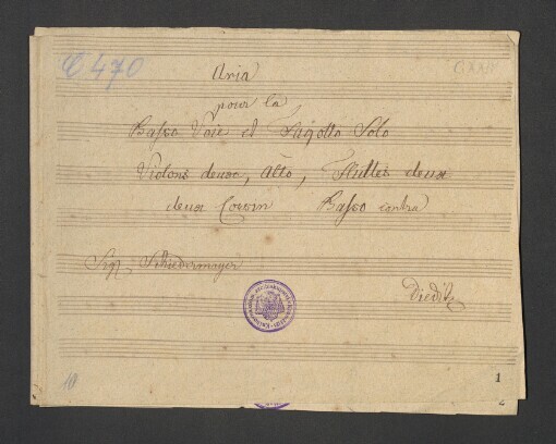 Aria: Basso et Fagotto Solo, 2 Violinis, Alto, 2 Flauto, 2 Corsin, Basso instr