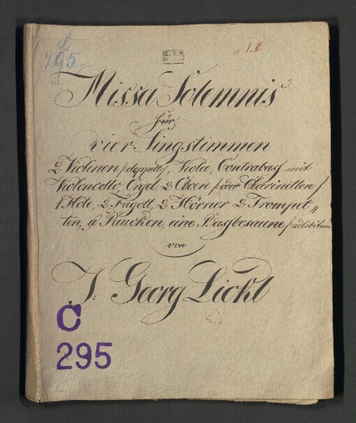 Missa Solennis: 4 Singstimmen, 2 Violinen, Viola, Contrabass, Violoncello, Orgel, 2 Oboen, od. Clarinett, Flaute, 2 Fagott, 2 Hörner, 2 Trompetten, Pauken