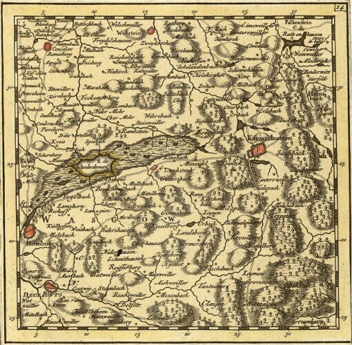 [Le Flambeau de la Guerre Allumee au Rhin: Representee en 36 Nouvelles Cartes Geographiques Dans les quelles en voit le Rhin depuis Bon jusqu'à Basle & les autres Places aux environs]. 14