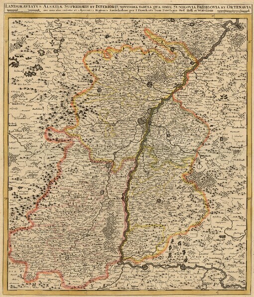 Landgraviatus Alsatiae Superioris et Inferioris Novissima Tabula: qua Simul Sundgovia Brisigowia et Ortenavia nec non aliae insertae et adjacentes Regiones Amstelodami