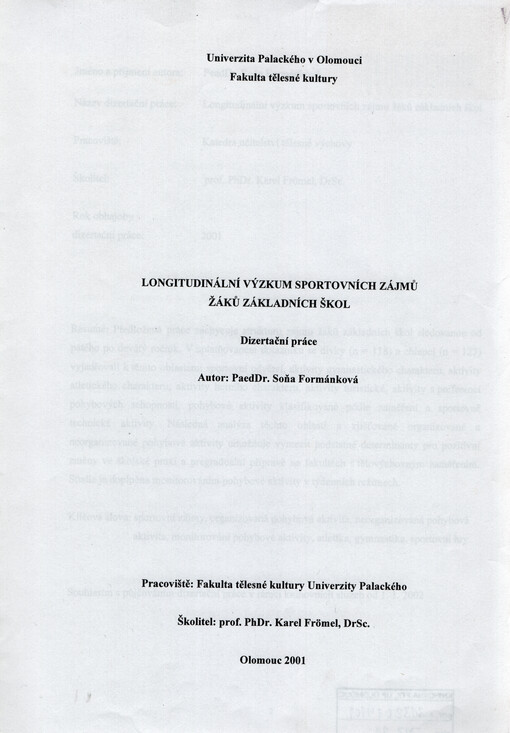 Longitudinální výzkum sportovních zájmů žáků základních škol