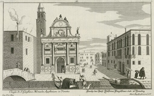 [Le Fabriche, e Vedute di Venetia: Disegnate, poste in Prospettiva = Die vornemste Prospecte Gebäude, und Kirchen der Welt berühmten Statt Venedig]. 173 ; 83. Chiesa di S. Giustina Monache Agostine in Venetia = Kirche der Heyl. Justina Augustiner Ord. in Venedig