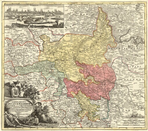 Saxoniae Tractus Ducatum Magdeburgensem: cum suo Circulo Salico Princ: Anhaltinum Halberstadiensem finitimarumq; Regionum Electoratus nempe Brandenburg: Saxoniae Ducatus Brunsvicensis etc. Partes Ostendens