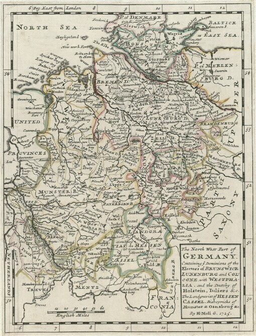 The North West Part of Germany: Containing ye Dominions of the Electors of Brunswick Lunenburg and Cologne with Westphalia and the Dutchy of Holstein, Iuliers &c. The Landgraviat of Hessen Cassel Bishopricks of Munster & Osnabrug &c