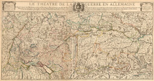Le Théatre De La Guerre En Allemagne: ou l'ont voit l'Electorat de Baviere, ou sont le Duché et le Palatinat, le duché de Neubourg, l'Archevéché de Saltzbourg, les Evéchez d'Aichstet, de Ratisbone, de Passaw et de Freising, dans le Cercle de Suabe le duché de Wirtenberg, les Marq.sats de Bade et de Burgow, les Comtez de Furstenberg, de Hohenzolern, de Konigsek, de Rechberg et d'Ottingen, Les Baronies de Waldbourg, de Limpurg et de Justingen, le Territoire d'Ulm, les Etats aux Fuggers. les Evéchez de Constance, d'Augsbourg et l'Abaye de Kempten. Dressé sur plusieurs Memoires tres exacts