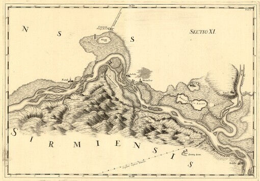 [La Hongrie Et Le Danube: En XXXI. Cartes très fidelément gravées d'après les Desseins originaux & les Plans levez sur les lieux par l'Auteur même. Ouvrage où l'on voit la Hongrie, par rapport à ses Riviers, à ses Antiquez Romaines, & à ses Mines; & les Sources & le Cours du Danube, &c. Avec une Préface sur l'excellence & et l'usage de ces Cartes]. Tab. 13. Sectio XI Palancka - Pelagis