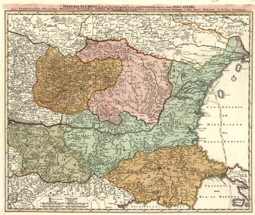 Danubii Fluminis [hic ab urbe Belgrado, per Mare Nigrum usq; Constantinopolim defluentis exhibiti] Pars Infima: in qua Transylvania, Walachia, Moldavia, Bulgaria, Servia, Romania, et Bessarabia cum vicinis Regionibus ostenduntur