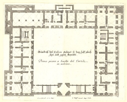 Grundriß deß Ersten Gadens, so dem Hoff gleich ligt und ganz Gewölbt: Primo piano a liuello del Cortile, in uoltato
