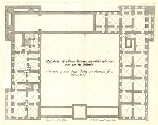 Grundriß deß andern Gadens, Gewölber und Zimmer vor die Bediente: Secondo piano delli Volti et Stanzie p. i Seruitori