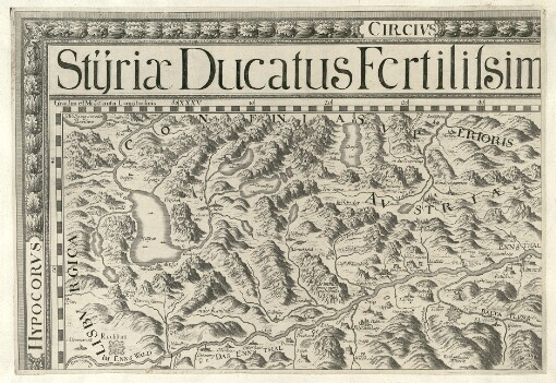 Stÿriae Ducatus Fertilisimi Nova Geographica Descriptio: Reverend.mis et Ampl.mis nec non Excell.mis et Illvst.mis Perill.bus ac Generosis Dominis Dominis Inclyti Ducatus Styriae Statibus: Illust:mo et Excell:mo Domino, Domino Joanni Maximiliano Comiti ab, et in Herberstein, Libero Baroni ab & in Neyberg, à Gutenhang & Lanckovvitz, Domino in inferiori Flâdnitz, Stubenberg; Mûhlhaufen, Auffen & Liebenau, Haereditario, Cubiculario, et Dapifero Carinthiae, Sac. Caes. Majest. Consiliraio Intimo, Cubiculario, et Mareschallo Aulico, Hujus Ducatus Capitaneo Supremo. Simul ac Pro tempore Reverendißimo ac Illustrißimis Deputatis Patriae Patribus, Dnis Dnis Georg. Sigefr. Praepos. in Steinz. Joan Christoph. Com. de Rotthal Praesidi. Wolf. Ferd. Comiti à Schottenbach. Erasmo Frider. Com. ab Herberstein. Francisco Domino à Stubenberg : Dominis, Dominis meis Clementissimis ac Gratiosissimis Geographicam hanc Stryriae Iconem [ut quorum Auspicijs & Impensi caepta est Eorundem in Gloriam permaneret] Non minori labore quàm fide à se delineatam Aerique, insculptam In aeternum Obsequij, ac Venerationis Monumentum D.D.Dque