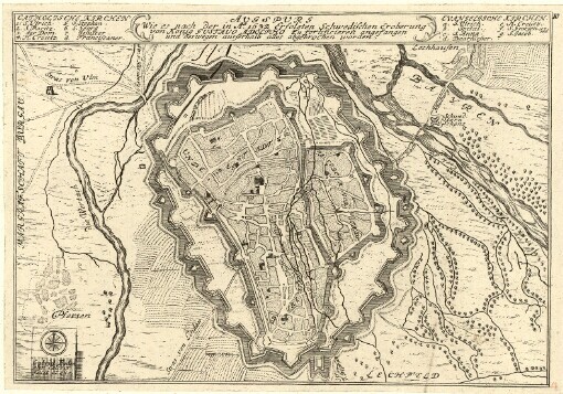 Augspurg: Wie es nach der in Ao. 1632 Erfolgten Schwedischen Eroberung von König Gustavo Adolpho zu fortificieren angefangen und deswegen ausserhalb alles abgebrochen worden. 10