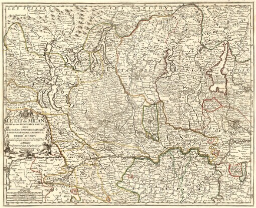 [Le Theatre de la Guerre en Italie: Contenant la Carte Generale de Lombardie avec les Cartes particulieres du Vicentin, Veronois, Padouan, et le Polesin de Rovigo, le Ferrarois, et partie du Bolonois, le Modenois, le Mantouan et les, Etats du Duché de Milan ou se trouvent Parme et Plaisance, et les Territoires Der Bergame et Bresse]. L'Etat de Milan divisé en ses Principales Parties avec Partie des Etats de Venise et des Duchés de Mantoue, de Parme, et Modene &c