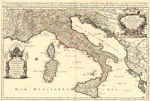 L'Italie: distinguée suivant l'estendüe de tous les Estats, Royaumes, Republiques, Duchés, Principautés &c. qui la partagent presentement Tiré de tous les Memoires qui en ont paru jusque aujourd'huy = L'Italie divisée suivant l'Estendüe de toutes ses Souverainetés, qui sont les Estats de l'Eglise ; du Roy-Catholique qui comprennent Les Royaumes de Naples, de Sicile, de Sardagne, le Duché de Milan &c., les Estats de la Republique de Venise, du Duc de Savoye du Gr. duc de Toscane, de la Republique de Genes, des Ducs de-Mantoue, de Modene, de Parme, de Masse, de la Mirandole, de la Republique de Lucques, des Princes de Monaco, de Piombin, de Masseran &c. Dressé sur les Memoires les plus recents
