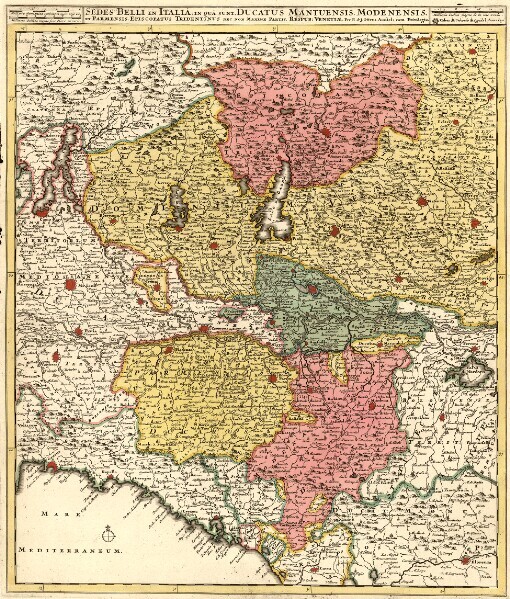 Sedes Belli in Italia; in quâ sunt Ducatus Mantuensis, Modenensis: et Parmensis. Episcopatus Tridentinus nec non Maxime Partis. Respub: Venetiae