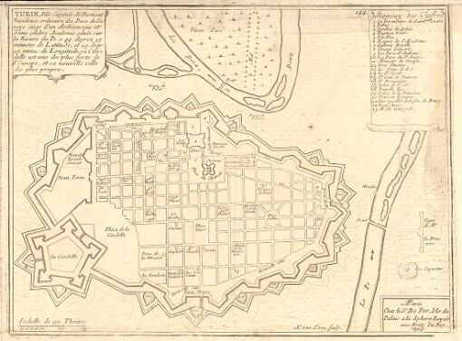 Turin: Ville Capitale de Piemont Residence ordinaire des Ducs de Savoye siege d'un Archevesque et d'une celebre Academie située sur la Riviere du Po, a 44. degrez 35. minutes de Latitude, et 29. degr. 25. minu. de Longitude, sa Citadelle est une des plus forte de l'Europe, et sa nouvelle ville des plus propre. 144
