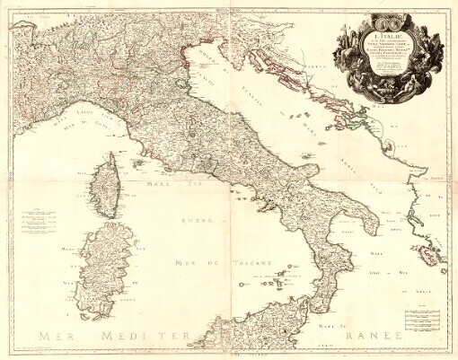 L'Italie, et les Isles circomvoisines Sicile, Sardagne, Corse, &c: exactement diviseés en leurs E stats, Royaumes, Republques, Duchés, Principautés, &c et ces E. R. R. D. P. en leurs Provinces