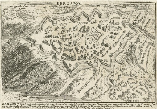 Bergamo: Bergamo Ville tres forte de situation bâtie 350. Ans avant la venüe de Jesus-Christ, par les Toscans, et puis augmentée et hornée par les François Senonois dans la decadance de l'Empire Romain elle a esté plusiers fois pillié et brûleé par les Hongrois, et les Allemans, elle se donna a un Roy du Boyme qui fit cons truire la forteresse nommée la Capelle, elle fut asujettie aux Ducs de Milan, depuis l'an 1429 elle es taux Veniciens