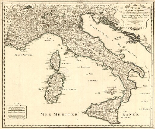 L'Italie: divisée en ses principaux Estats, Royaumes, et Republiques ou sont exactement remarquées toutes les Routès des Postes suivant qu'elles sont presentement etablies