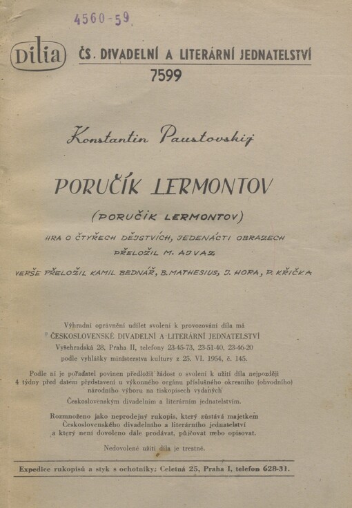 Poručík Lermontov =: (Poručik Lermontov) : hra o čtyřech dějstvích, jedenácti obrazech