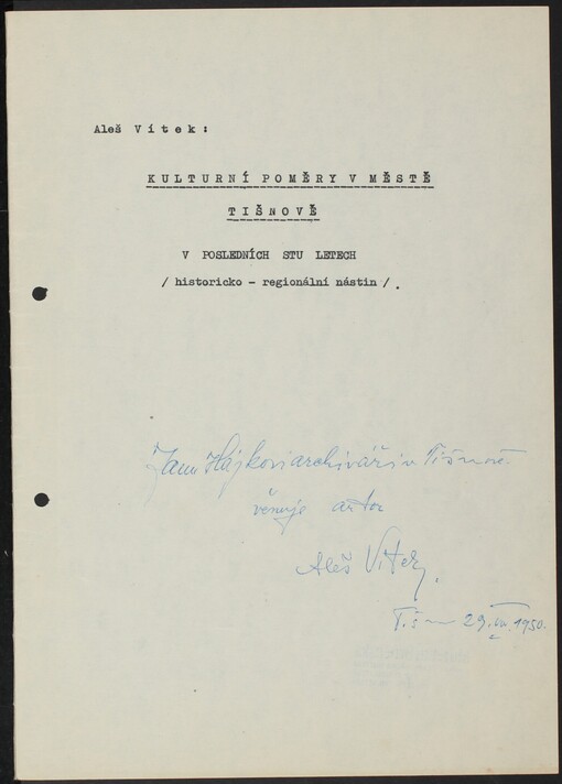Kulturní poměry v městě Tišnově: v posledních stu letech : Historicko regionální nástin