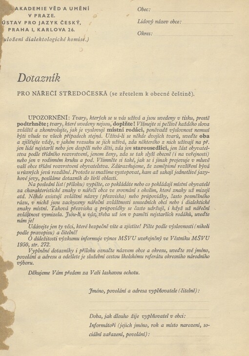 Dotazník pro nářečí středočeská (se zřetelem k obecné češtině)