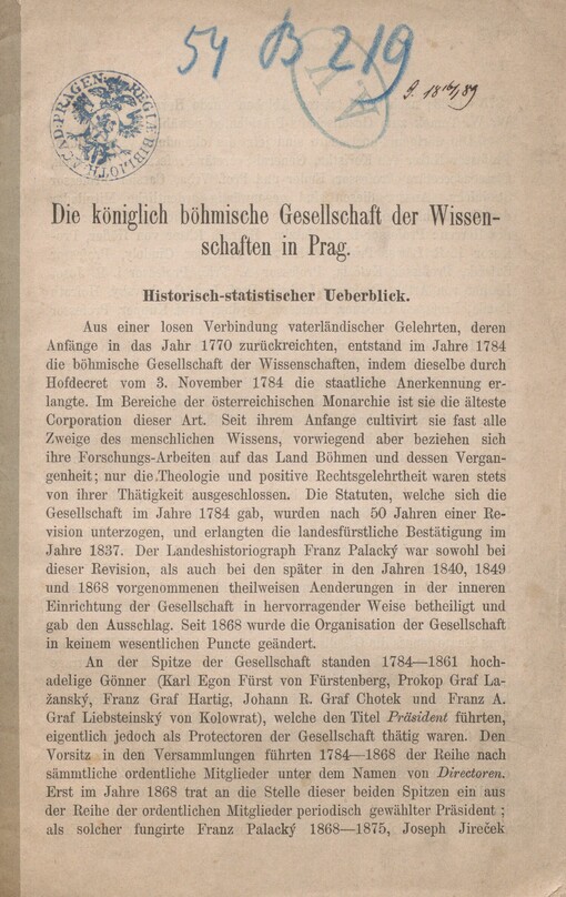 Königlich böhmische Gesellschaft der Wissenschaften in Prag: historisch-statistischer Ueberblick