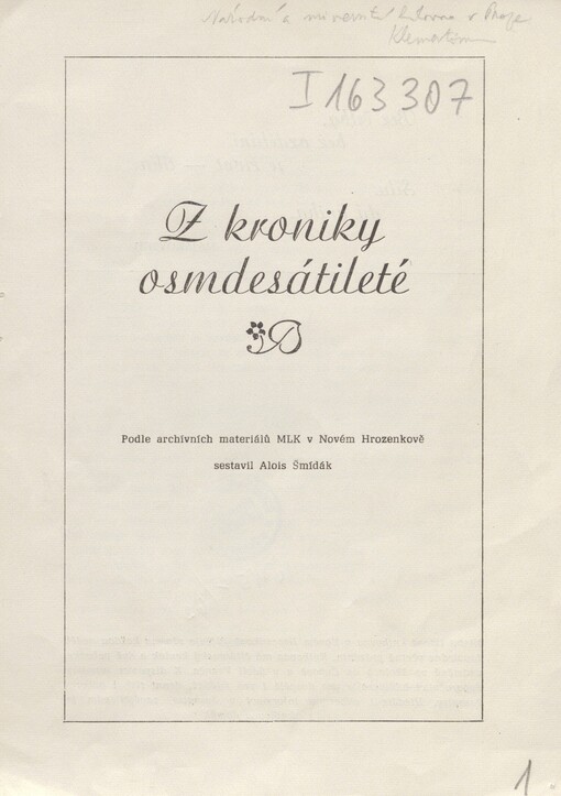 Z kroniky osmdesátileté: Pamětní tisk k 80. výročí založení lidové knihovny v Novém Hrozenkově : Podle archívních materiálů MLK v Novém Hrozenkově