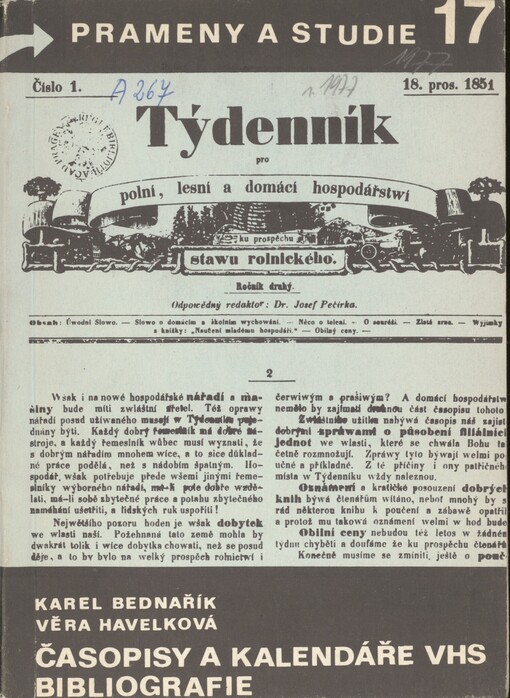 Časopisy a kalendáře vydávané Vlastenecko-hospodářskou společností v Praze (kromě časopisu Centralblatt der Land- und Forstwirtschaft in Böhmen): bibliografie 1796-1872