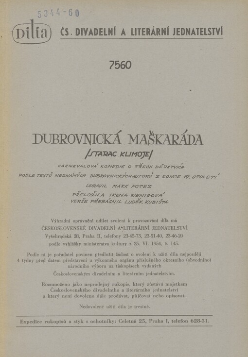 Dubrovnická maškaráda =: (Starac Klimoje) : karnevalová komedie o třech dějstvích