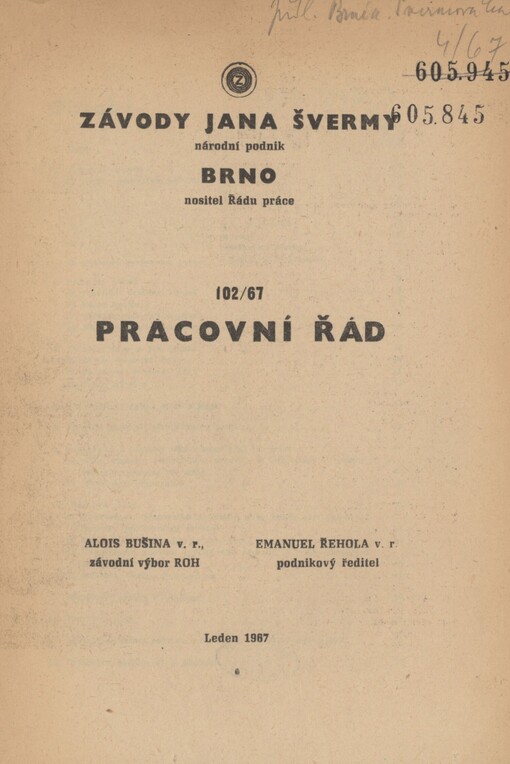 Pracovní řád: závody Jana Švermy Brno