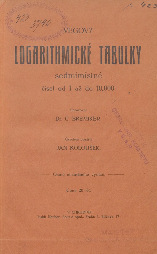 Vegovy logarithmické tabulky sedmimístné čísel od 1 až do 10.000