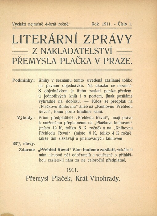 Literární zprávy z nakladatelství Přemysla Plačka v Praze. Rok 1911, číslo 1