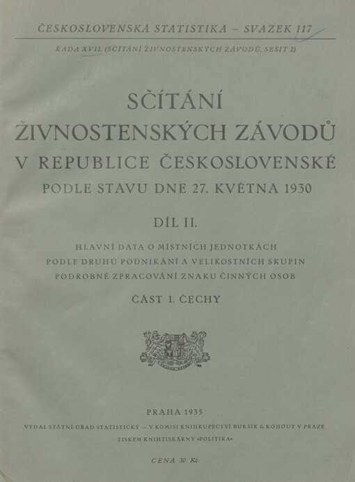 Sčítání živnostenských závodů v republice Československé podle stavu dne 27. května 1930. Díl II, Část 2. Hlavní data o místních jednotkách podle druhů podnikání a velikostních skupin. Podrobné zpracování znaku činných osob. Morava a Slezsko