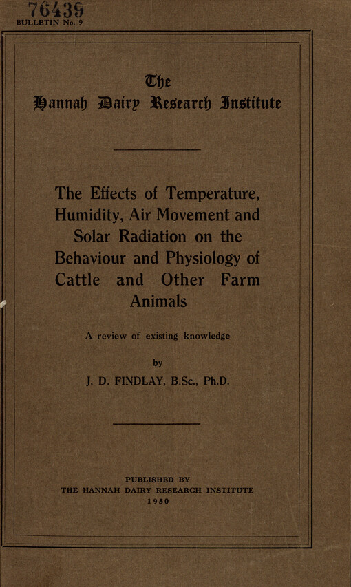 The effects of temperature, humidity, air movement and solar radiation on the behaviour and physiology of cattle and other farm animals : a review of extisting knowledge