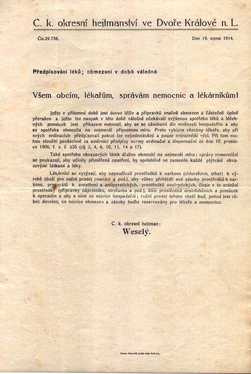 Předpisování léků ; obmezení v době válečné : všem obcím, lékařům, správám nemocnic a lékárníkům!